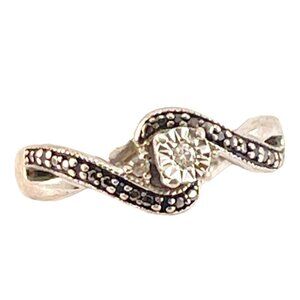 Sterling Silver Diamond and Black Diamond Sweetheart Swirl Promise Ring